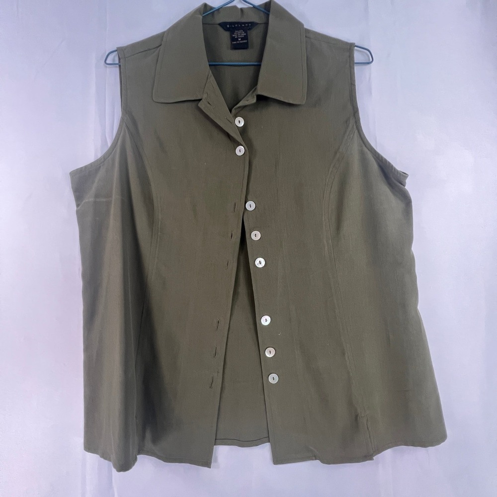 Silkland Olive Green Silk Blend Sleeveless Button Down Top Women Medium M